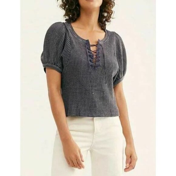 Free People FP One Top Womens Medium Blue Hayden Thermal Dolman Puff Sleeve Boho - Picture 1 of 10